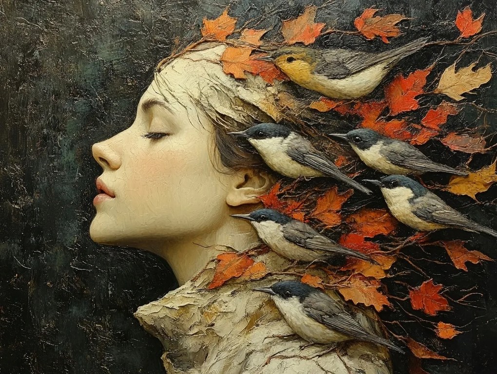 Vászonkép Canvas Portré Profil Nő Levelek Madarak Ősz 80x60