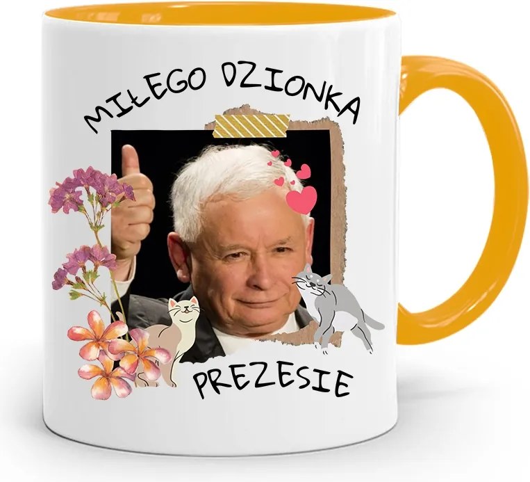 Sárga Vicces Bögre Jaroslaw Kaczynski felirattal, fényképpel