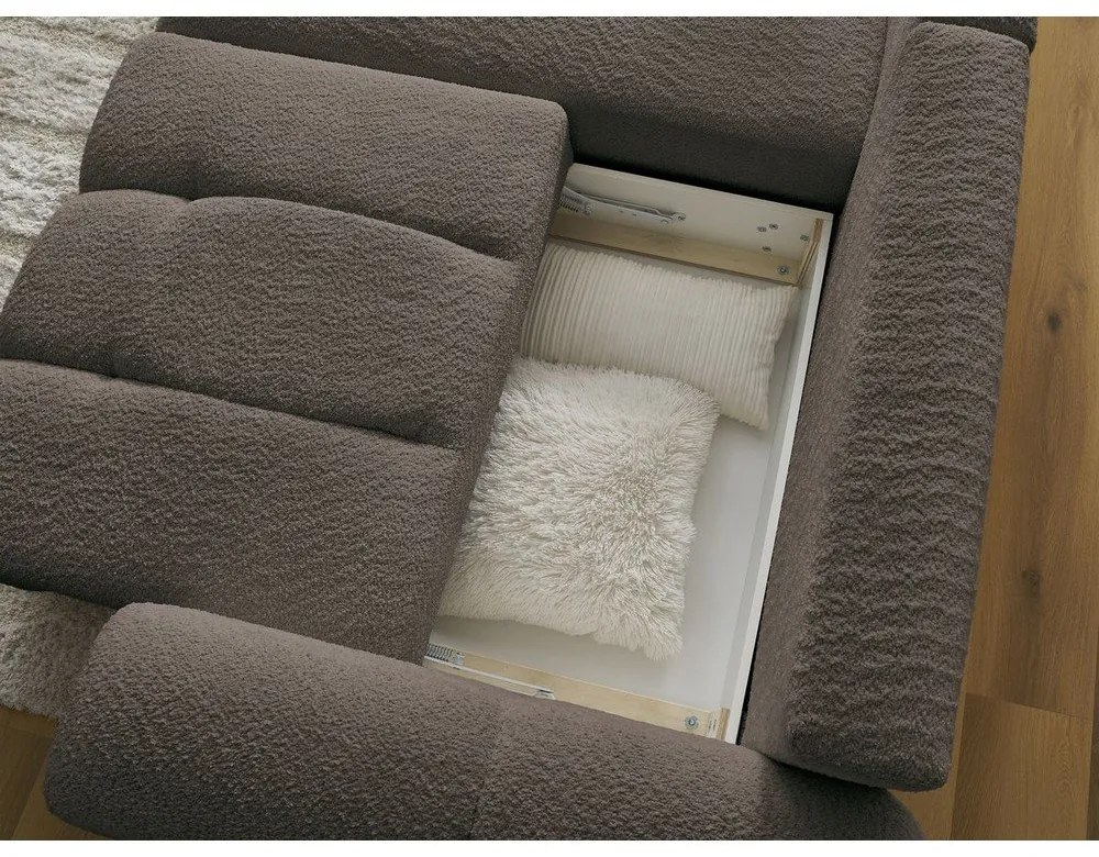 Barna buklé kinyitható-tárolóhelyes sarokkanapé (bal oldali-heverő résszel) Roxelane – Bobochic Paris