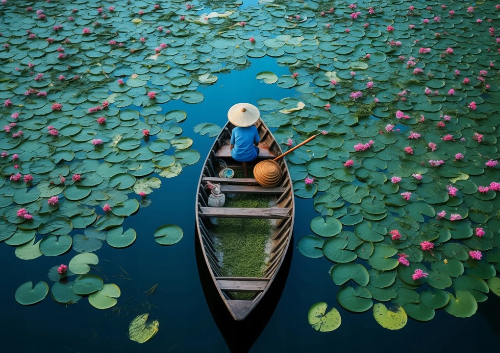 Poszter 29,7x21cm Csónak a tavirózsa között