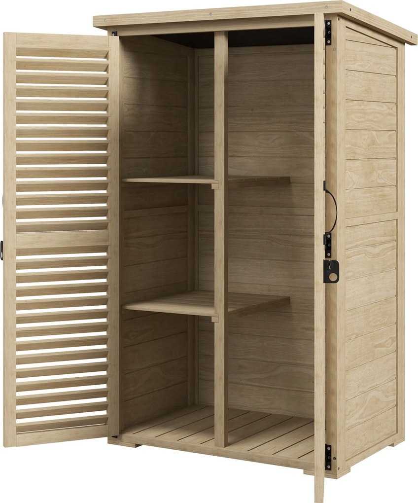 Outsunny Kerti Szerszámtároló Szekrény 2 Polccal Természetes Fa Bitumen Tető Rácsos Ajtókkal Zárható 75 x 50 x 118 | Aosom