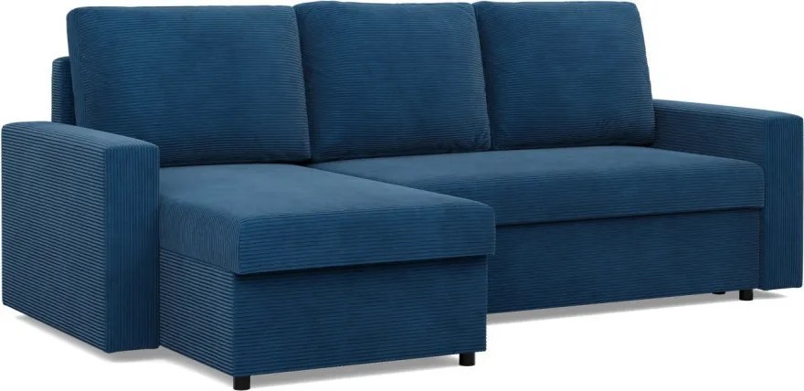 Zeus sarokkanapé, 2 ágyneműtartóval, egyenes kartámasz, kordbársony, univerzális oldal, bonell töltet, kék