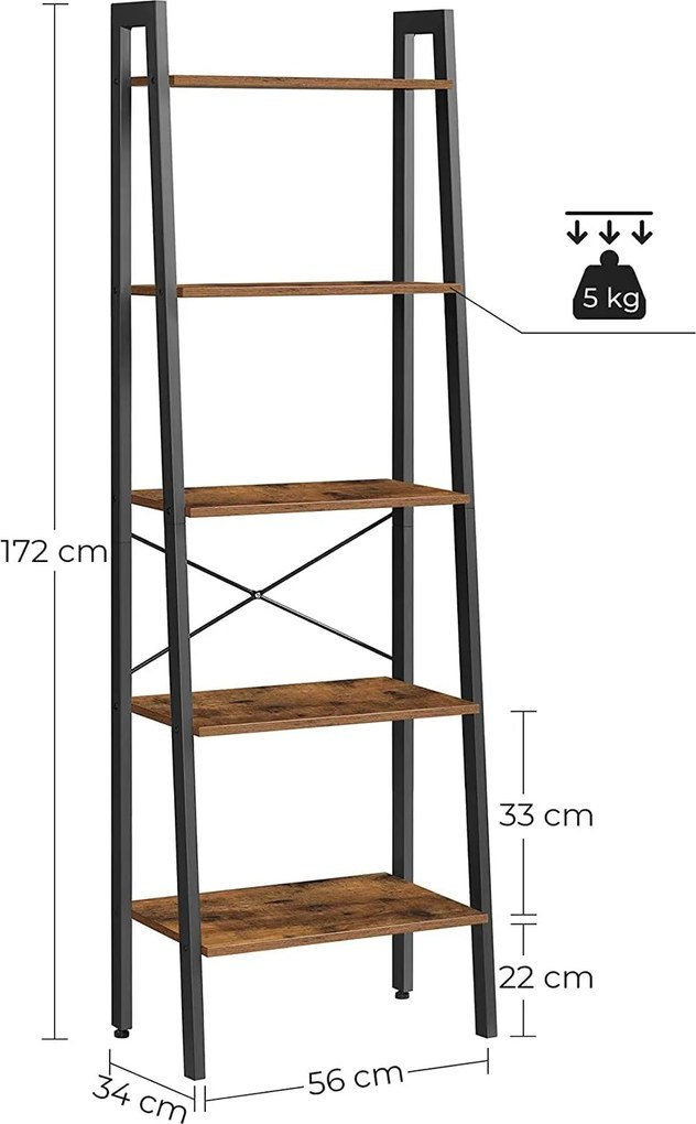 Könyvespolc, 5 szintes létrapolc, 56x34x172 cm, rusztikus barna