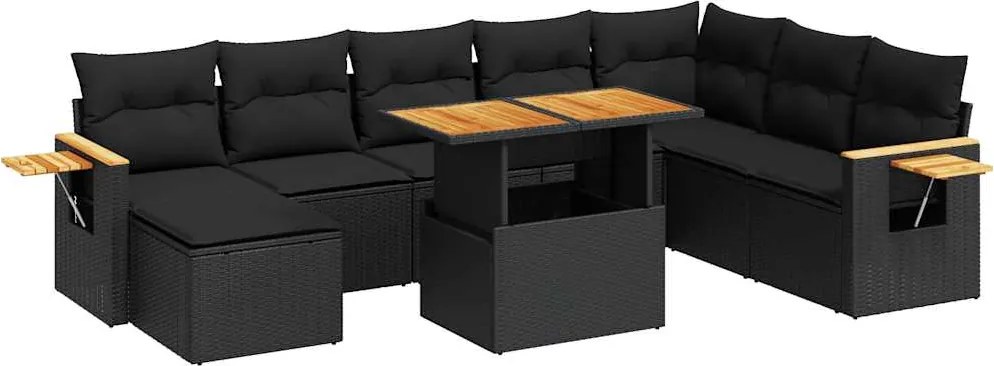 vidaXL 9 részes fekete polyrattan akácfa kerti ülőgarnitúra párnákkal