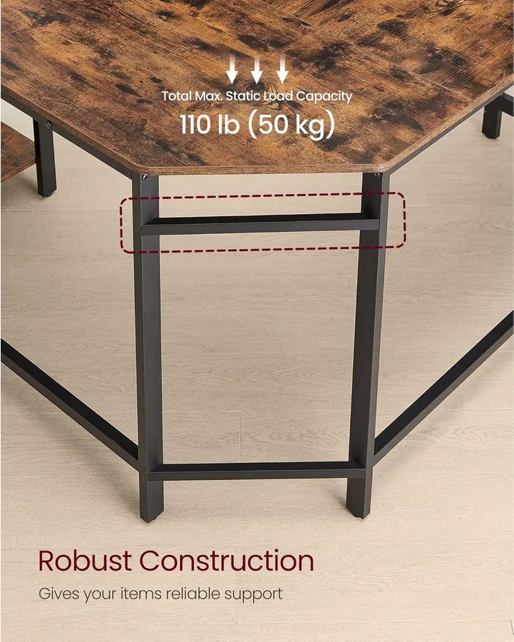 Számítógépasztal, L-alakú sarokasztal, 120 x 130 x 76 cm, rusztikus barna és fekete