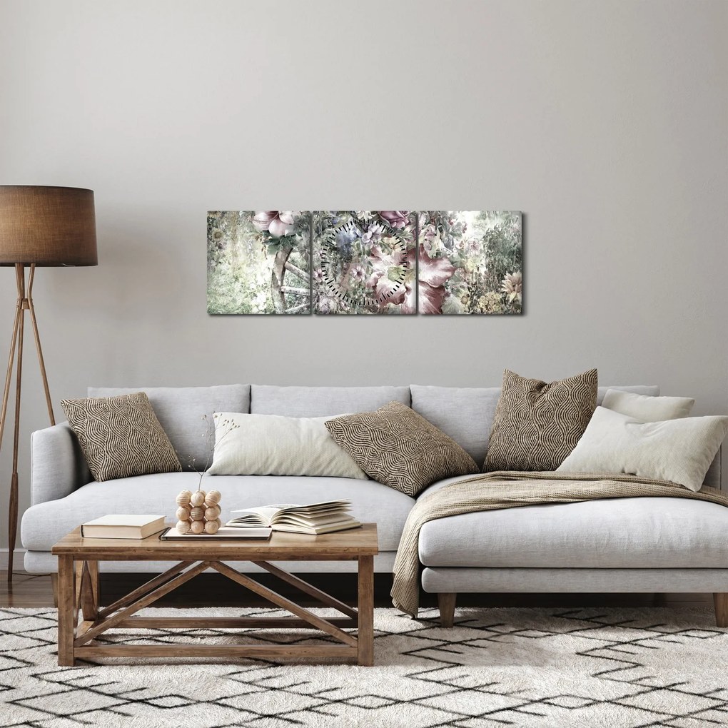 Virágok képe egy fából készült kerékpáron (órával) (90x30 cm)