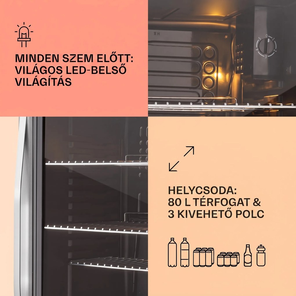 Klarstein Beersafe XXL, hűtőszekrény, 80 liter, E energiahatékonysági osztály, panoráma üvegajtó