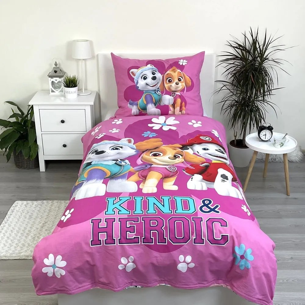 Rózsaszín egyszemélyes pamut gyerek ágyneműhuzat 140x200 cm Paw Patrol "Heroic" – Jerry Fabrics