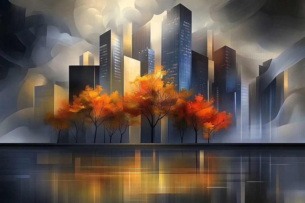 Vászonkép Canvas Város Felhőkarcolók Fák Ősz Víz Tükröződés 60x40