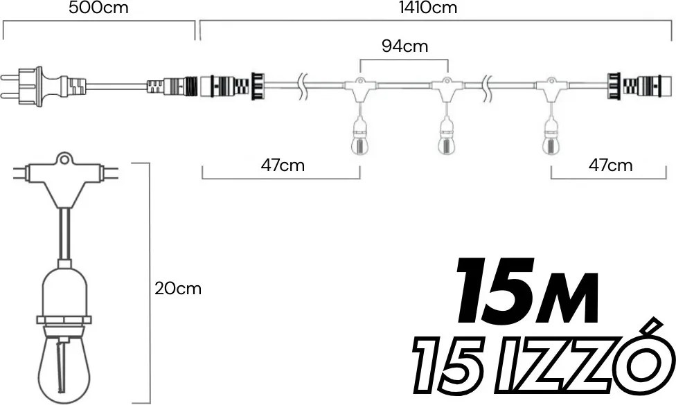Kültéri fényfüzér kerti égősor girland 15m - 15db izzó + távirányító | Sorolható IP44 E27
