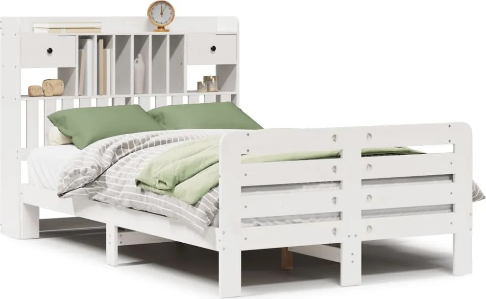 vidaXL fehér tömör fenyőfa könyvespolcos ágy matrac nélkül 135x190 cm