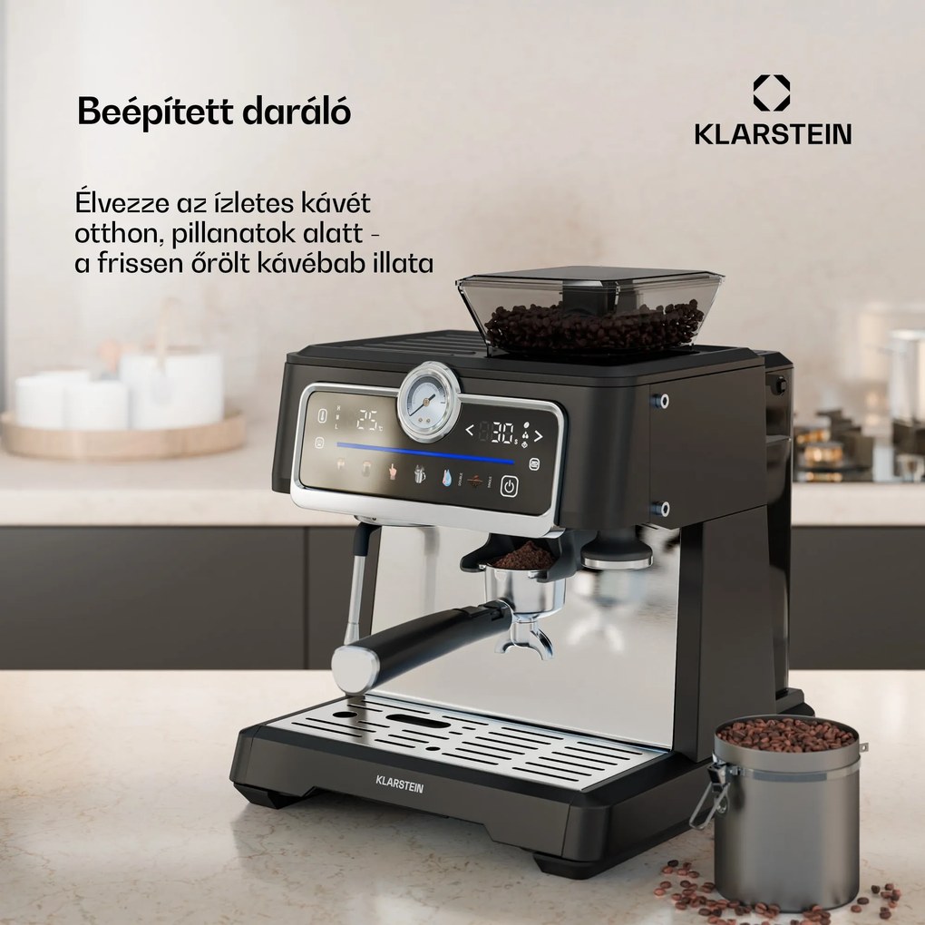 Klarstein GrandPresso Touch kávéfőző, 20 bar, beépített daráló, nyomásjelző, tejhab