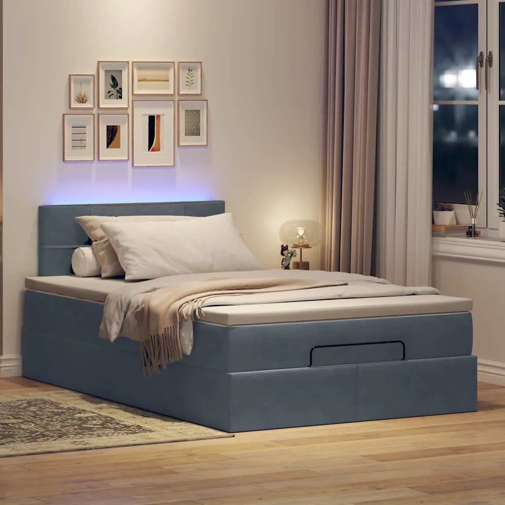 sötétszürke bársony ottomán ágy matraccal &amp; LED-ek 120x190cm