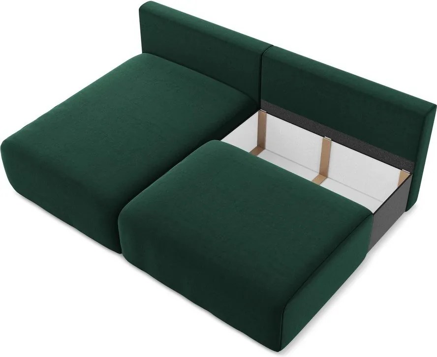 Sötétzöld bársony kinyitható-tárolóhelyes sarokkanapé (bal oldali-heverő résszel) Kalena – Makamii