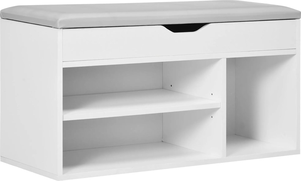 HOMCOM Cipőtároló Pad Szekrény Üléssel, Polcokkal, Fiókkal és Párnával Két Szinten, Előszobákhoz és Folyosókhoz, Modern, Maximális Teherbírás 120kg, 8