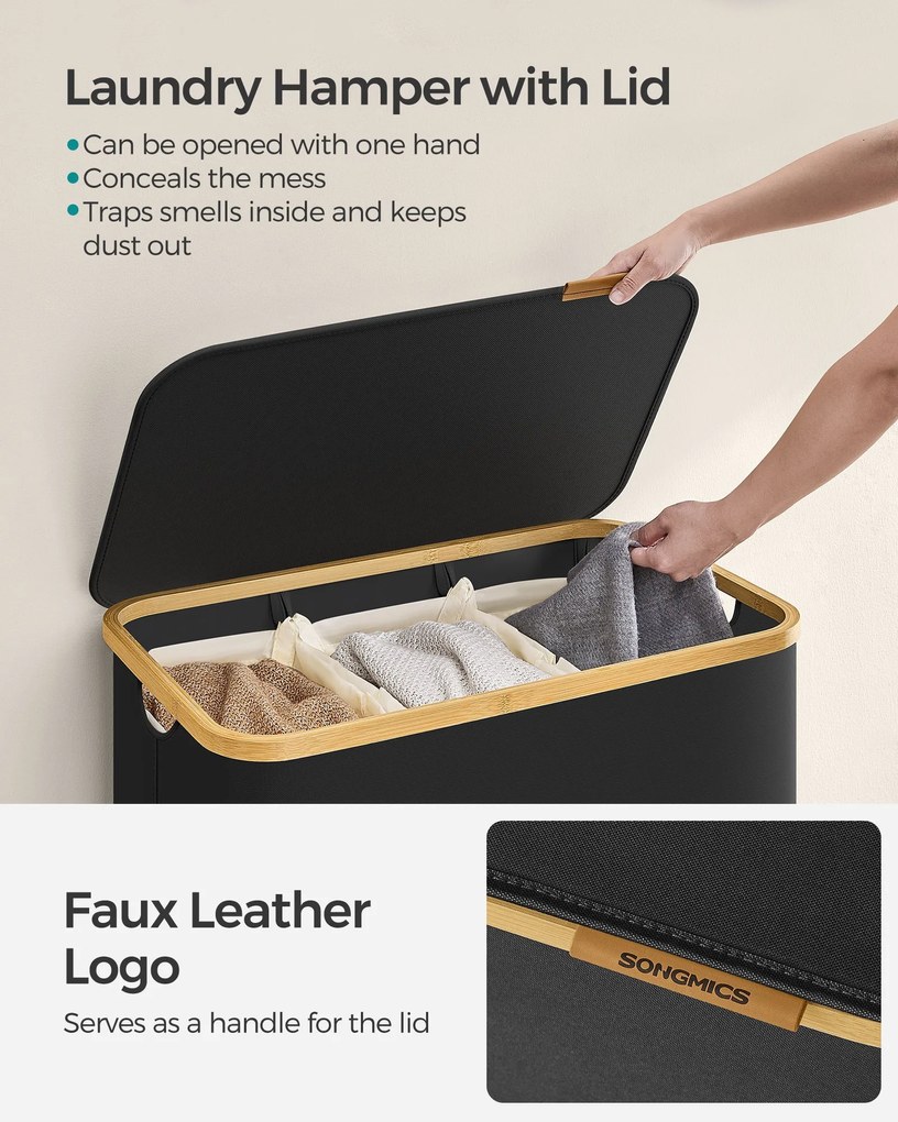 Fedeles, 3 rekeszes mosókosár, 150L, levehető bélés, összecsukható, fekete