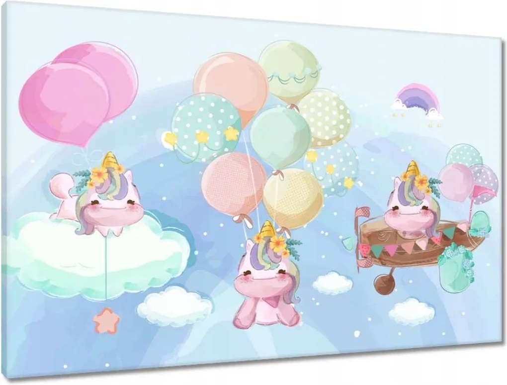Vászonkép 90x60 Gyönyörű unikornisok lufikkal