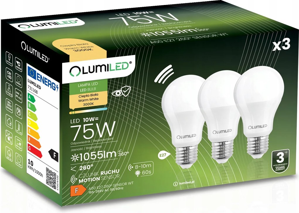 3x Led izzó E27 A60 10W 75W 1055lm 3000K Meleg 260° Lumiled