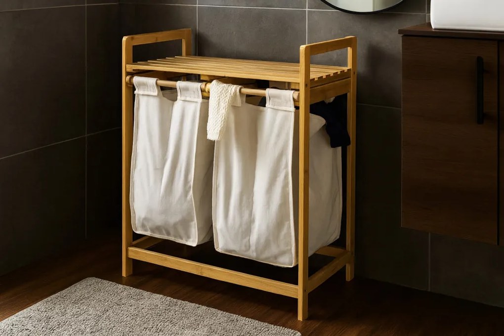 Bambusz polc két tárolóval 64 x 33 x 73 cm