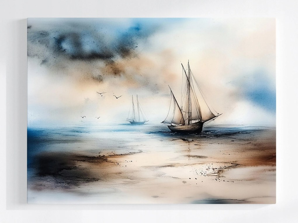 Vászonkép Canvas Tájkép Víz Tenger Csónakok Vitorlások Sirályok Köd 80x60