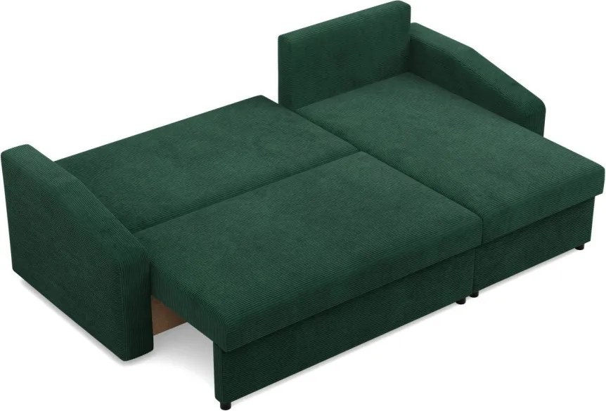 Zeus sarokkanapé, 2 ágyneműtartóval, döntött kartámasz, kordbársony, univerzális oldal, hab töltet, zöld