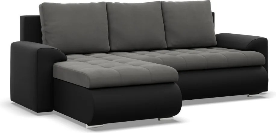 Tokio sarokkanapé, 2 ágyneműtartóval, bársony + műbőr, baloldali, szürke - fekete