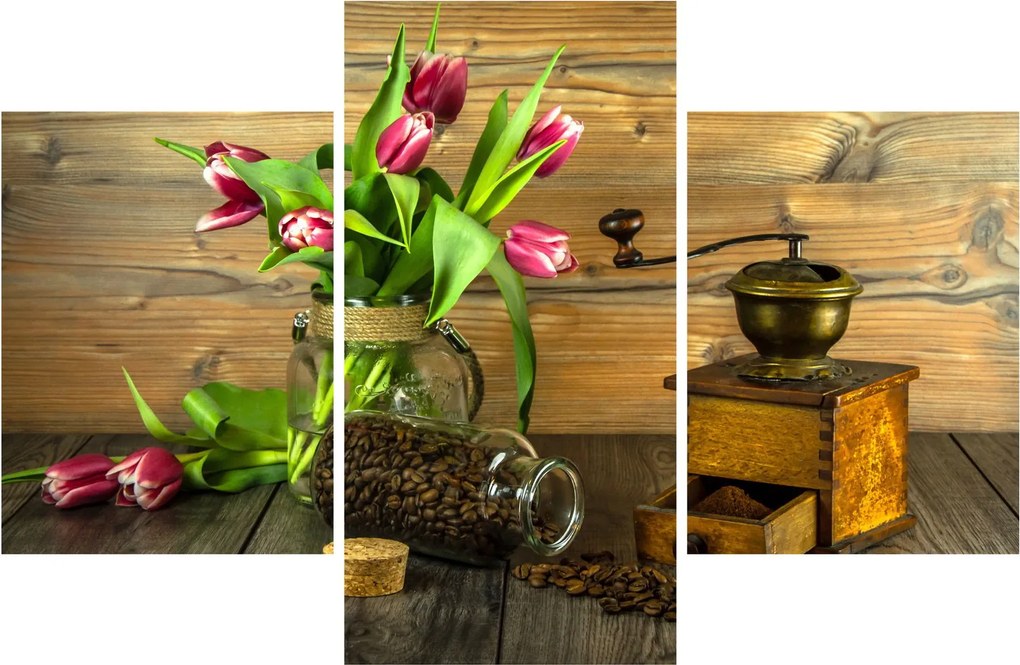 Tulipánok, daráló és kávé képe (90x60 cm)
