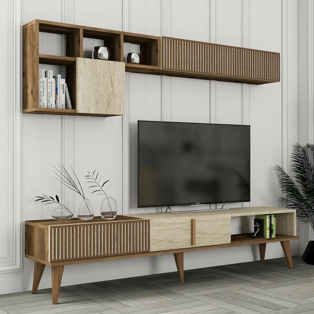 Milan Walnut and Travertine TV fal