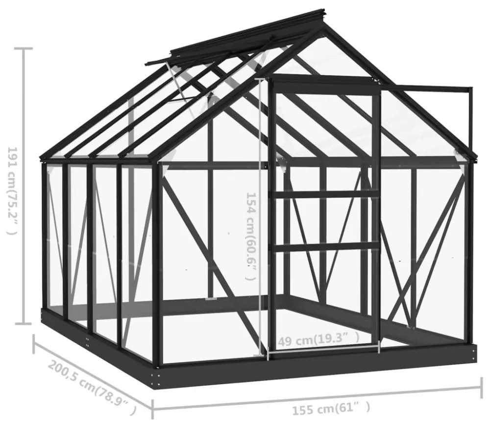 antracitszürke üveg és alumínium melegház 155 x 200,5 x 191 cm