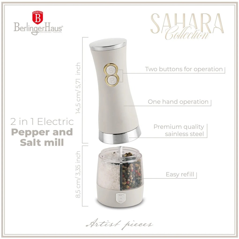 Rozsdamentes acél 2 az 1-ben elektromos só- és borsörlő krém Sahara Collection