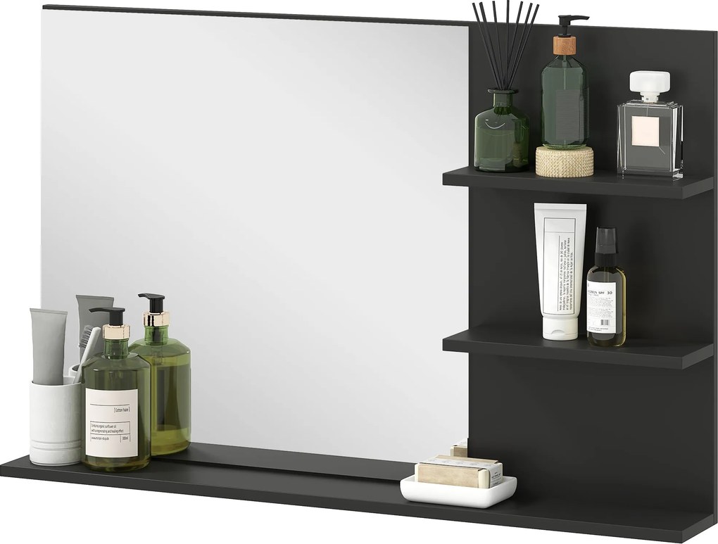 kleankin Modern Fürdőszoba Tükör 2 Oldalsó Polccal és Alsó Polccal, Fali Tükör MDF-ből és Üvegből, 75x10x48 cm, Fekete | Aosom