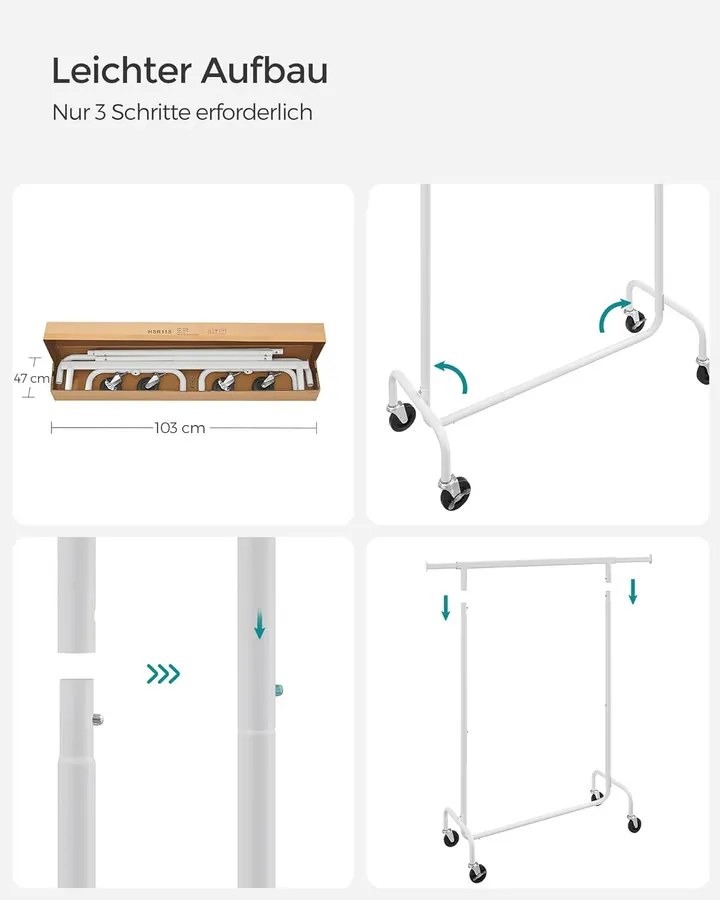 SONGMICS gurulós ruhatartó állvány, kihúzható ruharúd, max. 130 kg terhelhetőség, matt fehér