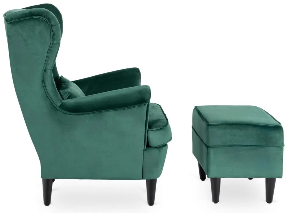 Elegáns Füles Fotel Lábtartóval Zöld Bársony Kárpittal. EVAN 2