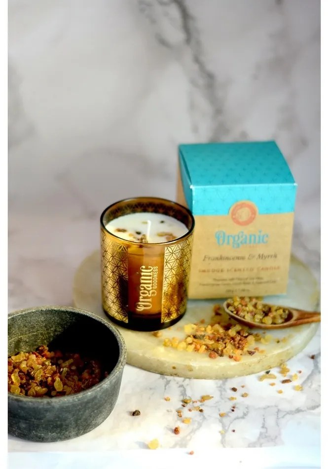 Organikus füstölő gyertya Frankincense & Myrrh200 g üvegben, aranyfóliával