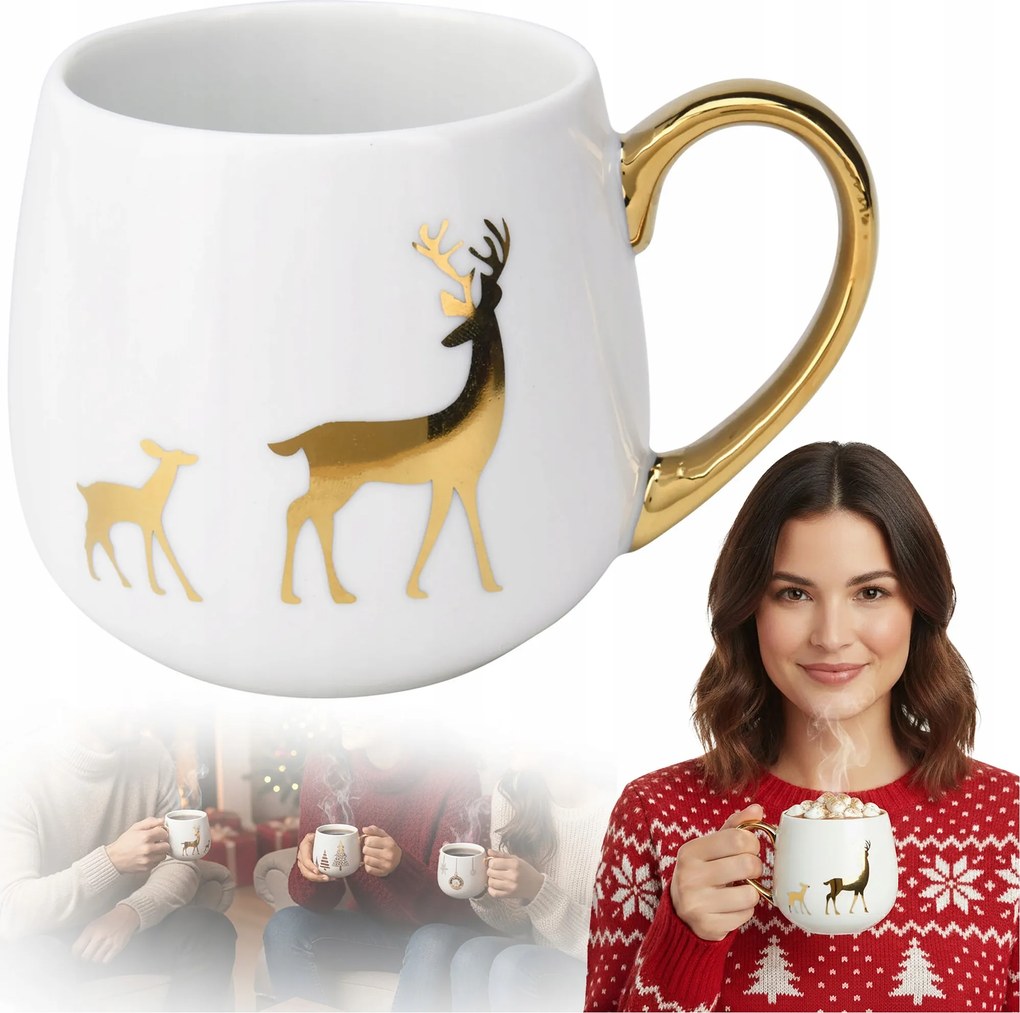 Karácsonyi Füles Bögre Porcelán Fehér-Arany 375 ml Rénszarvas