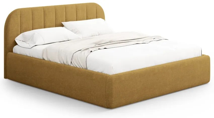 Mustársárga kárpitozott ágyneműtartós franciaágy ágyráccsal 160x200 cm Juno – Windsor &amp; Co Sofas