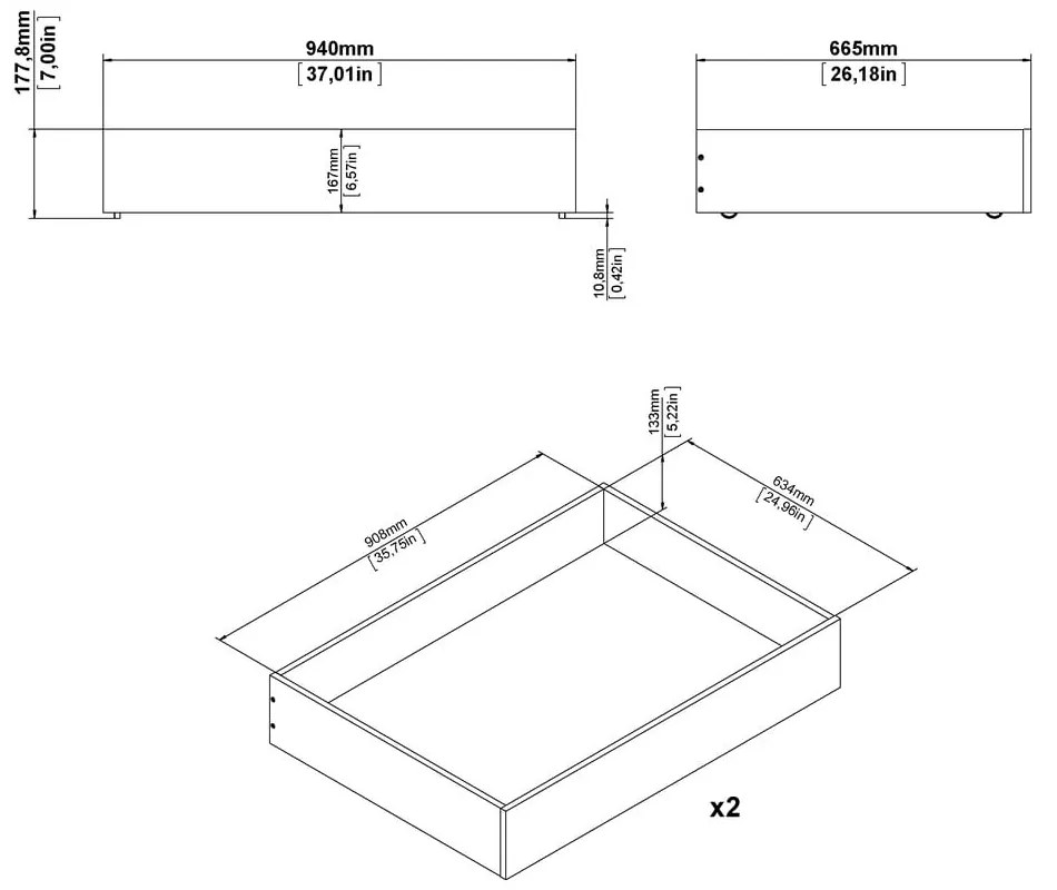 Fehér ágy alatti fiók szett 2 db-os 90x190-140x190 cm Naia – Tvilum