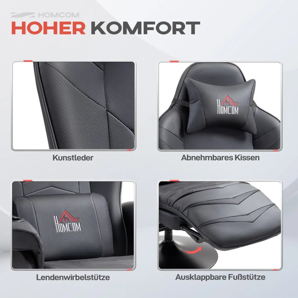 HOMCOM Prémium Gamer Szék, masszázs funkció, dönthető háttámla, lábtartó, acél keret, műbőr, fekete