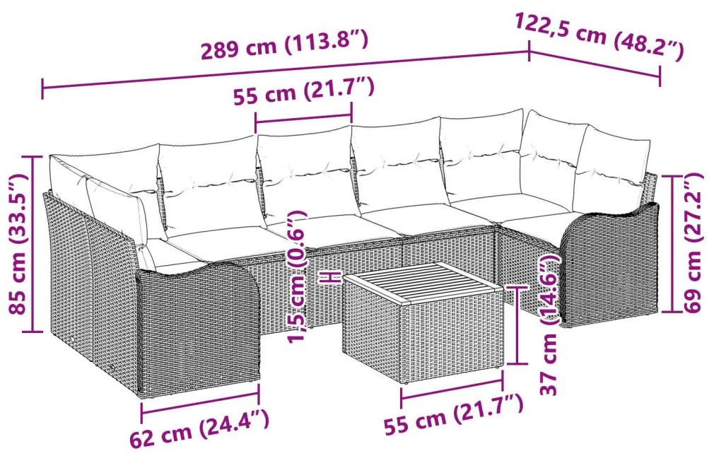 8 Darabos Kert Kanapé Szett Párnákkal Fekete Poli Rattan Akác, 2-Fős Kert Kanapé Párnákkal Fekete Poli Rattan