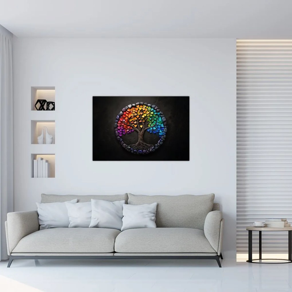 Kép – Fa színes szívekkel (90x60 cm)