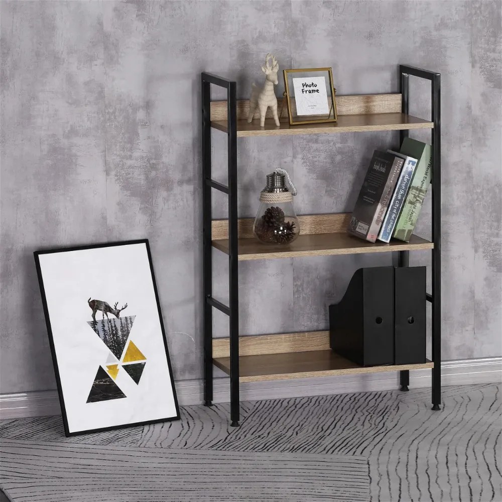 Nyitott könyvespolc, tároló állvány fém lábakkal | 3 szintes aranytölgy | 60x93cm Intenso