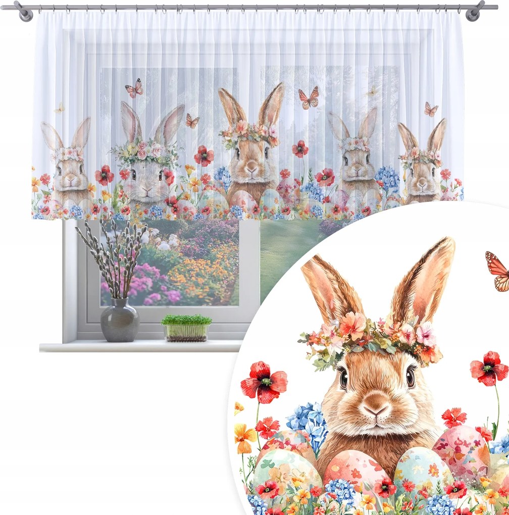 Karácsonyi Függöny Kész 300x120 CM Fátyol Szalagon Húsvéti Minta 378