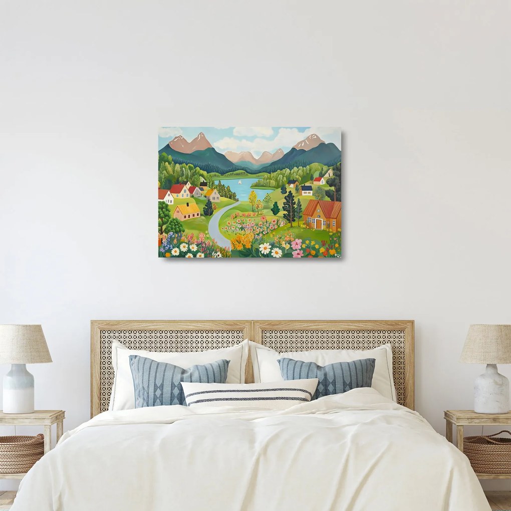 Üveg Üveg kép - Falu a hegyekben (70x50 cm)