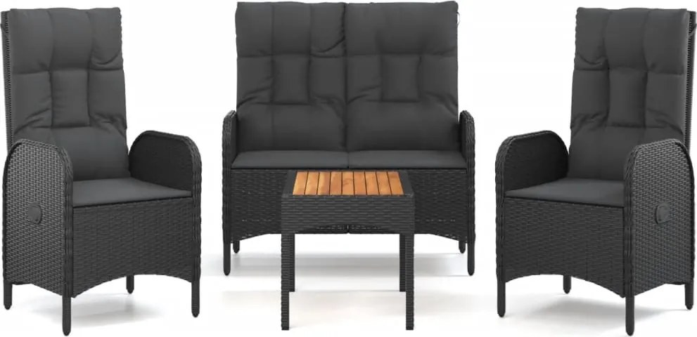 vidaXL 4 részes fekete polyrattan kerti étkezőszett párnákkal