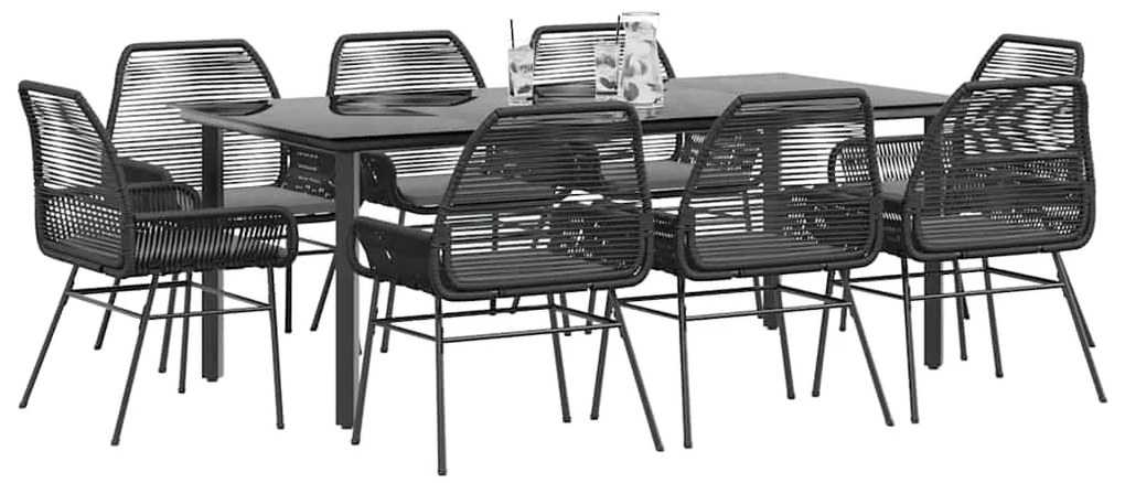 vidaXL 9 részes fekete polyrattan üveg kerti étkezőgarnitúra párnákkal