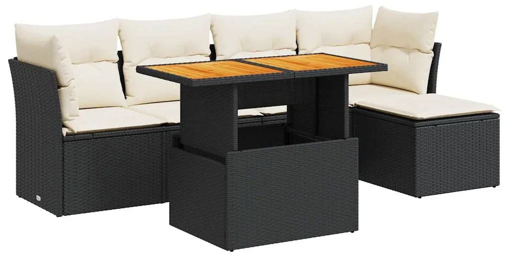 6 részes fekete polyrattan kerti ülőgarnitúra párnákkal