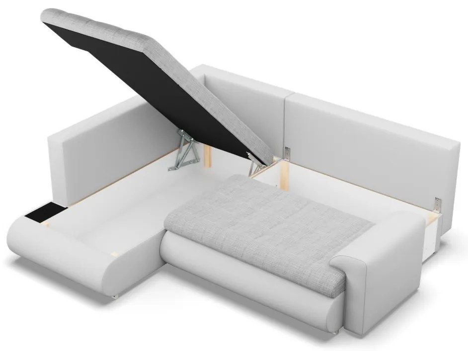 Tokio sarokkanapé, L alakú háttámlával, 2 ágyneműtartóval, fonott + műbőr, baloldali, szürke - fehér