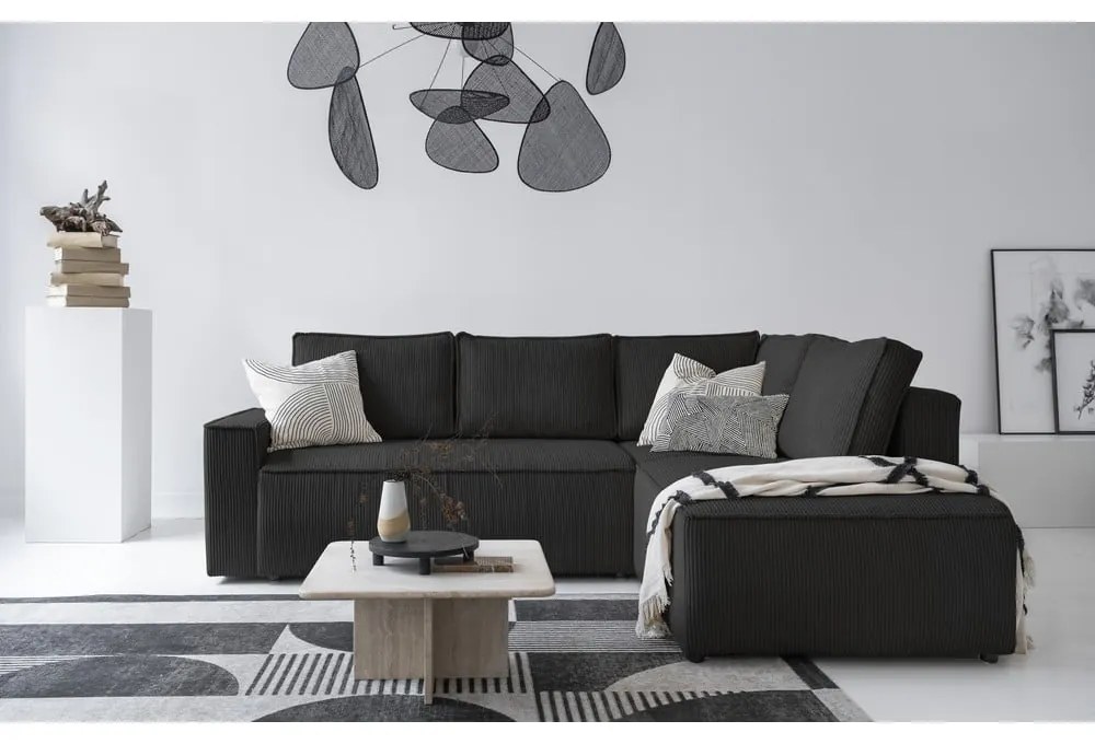Antracitszürke kordbársony kinyitható sarokkanapé (jobb oldali) Brave Dave – Miuform