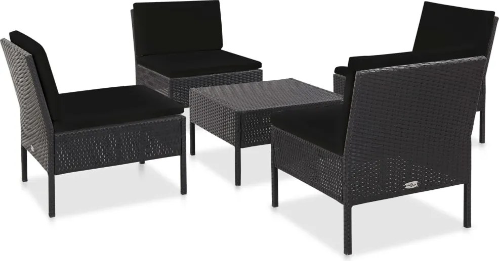 vidaXL 5-részes fekete polyrattan kerti kanapészett párnákkal