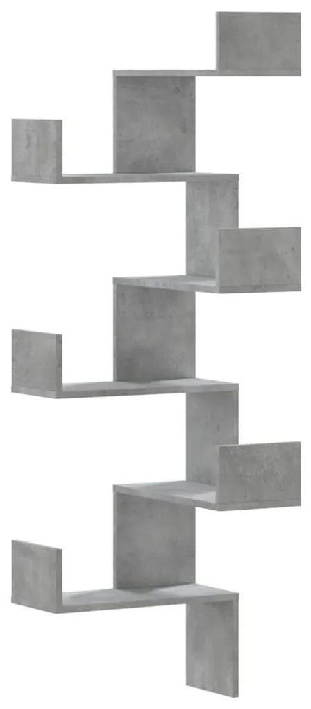 betonszürke szerelt fa fali sarokpolc 45 x 45 x 147 cm